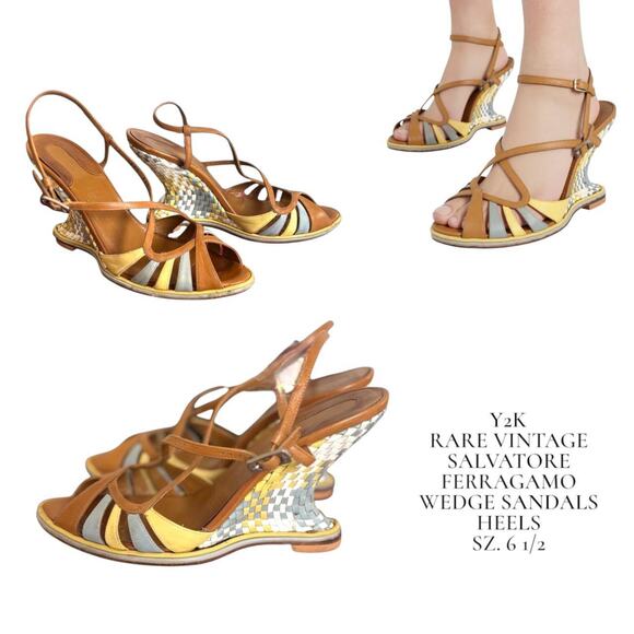 Y2K RARE SALVATORE FERRAGAMO WOVEN LEATHER STRAPPY WEDGE SANDALS HEELS SZ. 6 1/2 - Picture 1 of 8